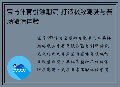 宝马体育引领潮流 打造极致驾驶与赛场激情体验