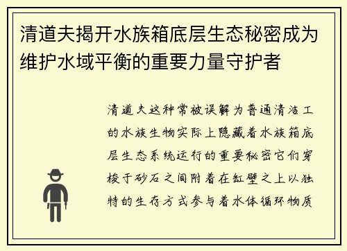清道夫揭开水族箱底层生态秘密成为维护水域平衡的重要力量守护者